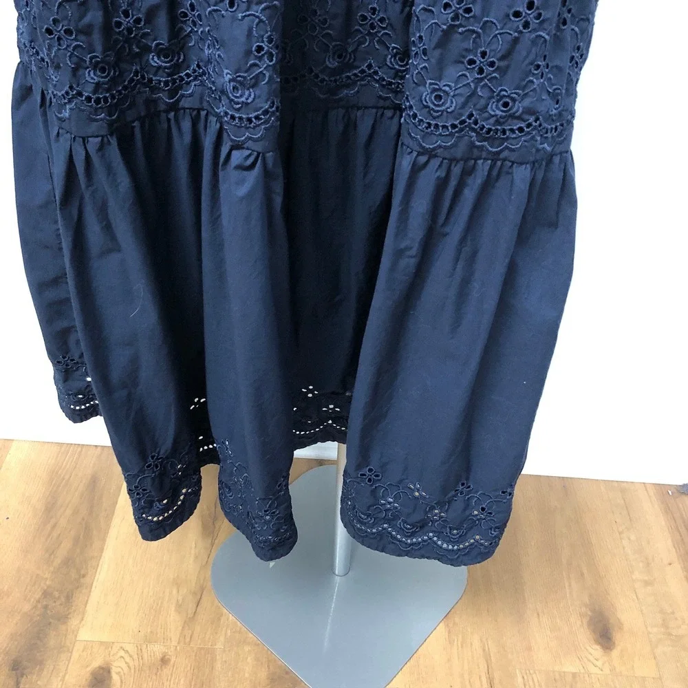 Treasure & Bond Dress Womens Medium Navy Blue Eyelet Tiered Midi V-Neck Boho